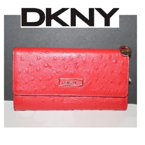 New DKNY Lipstick RED Ostrich Embossed Continental Wallet - Picture 1 of 9